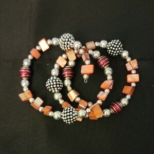 Elegant Silver and Orange Beaded Bracelet Set